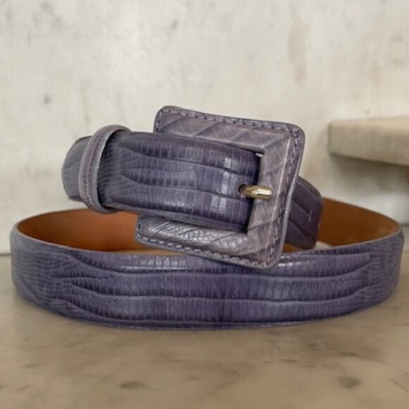 TANNER Leather Purple Reptile Print Made in Italy 1 Inch Wide Belt L - Picture 1 of 14
